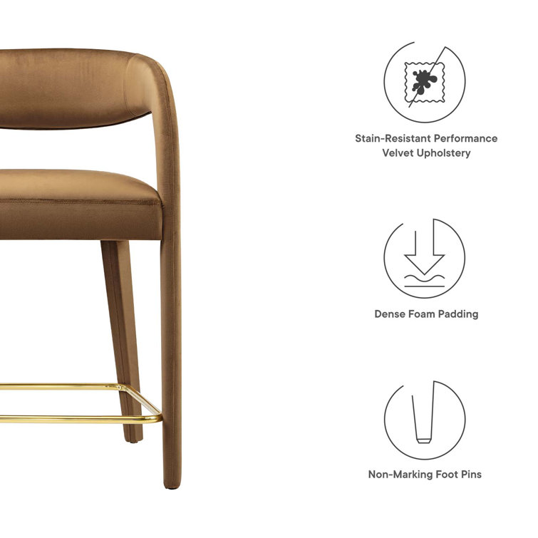 Ivory Gold Velvet Upholstered Counter Stools with Metal Footrest, Set of Two