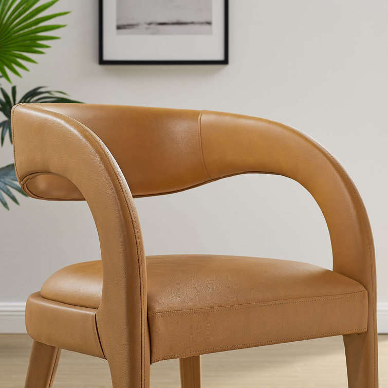Tan Vegan Leather Low Arm Chair with Wood Legs