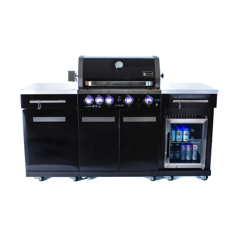 Mont Alpi Black Stainless Steel 5-Burner Outdoor Kitchen Island Grill with Rotisserie