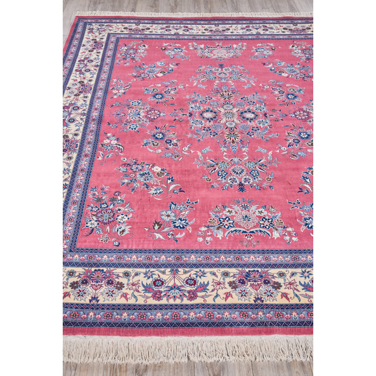 Handmade Pink Floral Wool Rectangular Area Rug 8'4" x 10'2"