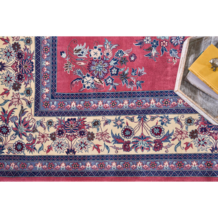 Handmade Pink Floral Wool Rectangular Area Rug 8'4" x 10'2"