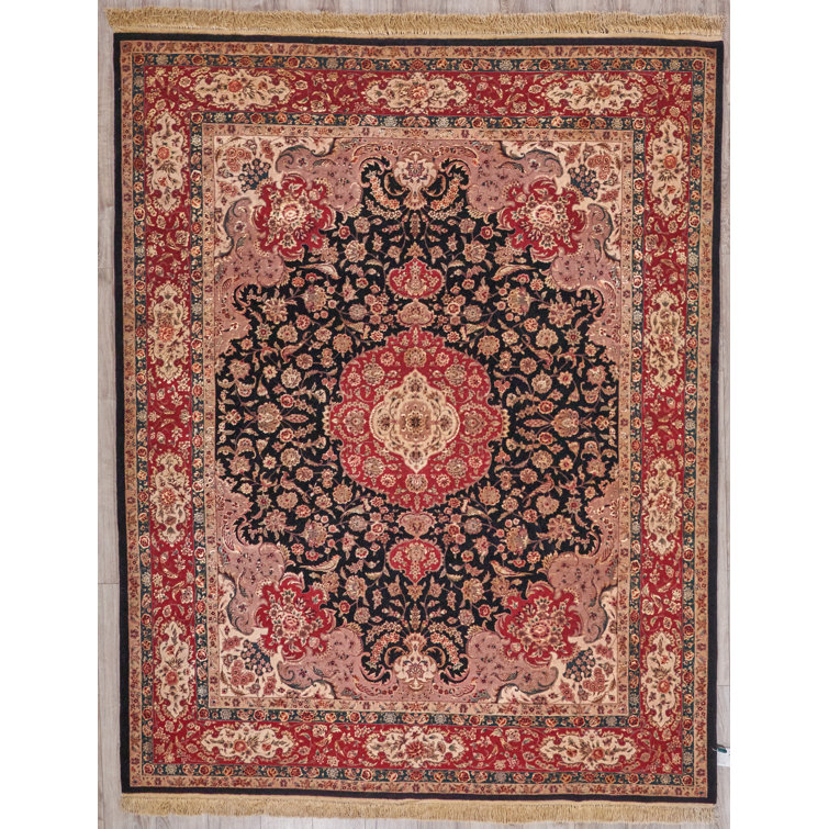 Hand-Knotted Black and Beige Wool Silk Medallion Rug 8' x 10'