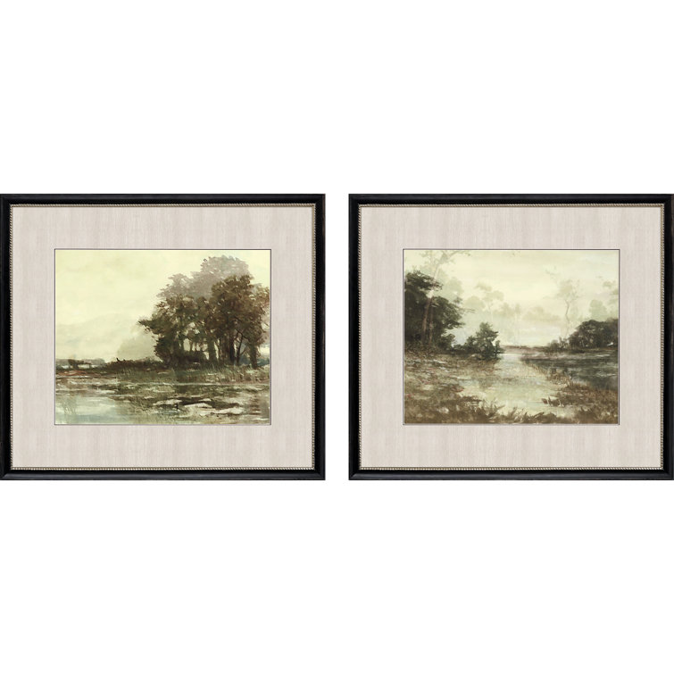 Muted Green and Brown Landscape Print with Black and Gold Frame