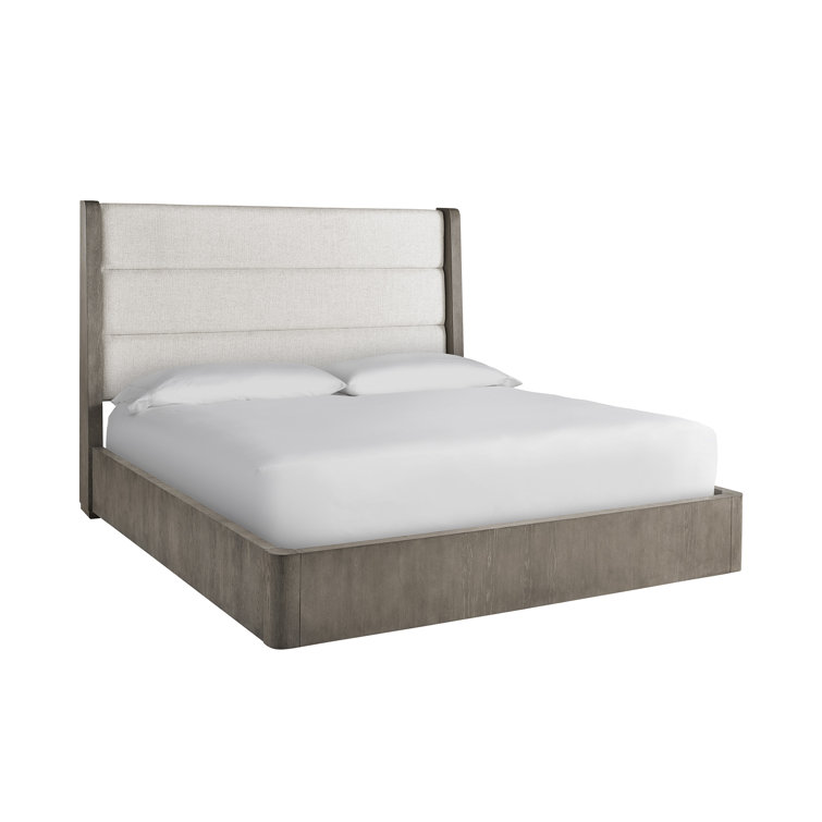 King Beige Upholstered Low Profile Bed with Wood Frame
