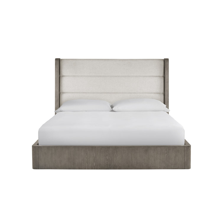 King Beige Upholstered Low Profile Bed with Wood Frame