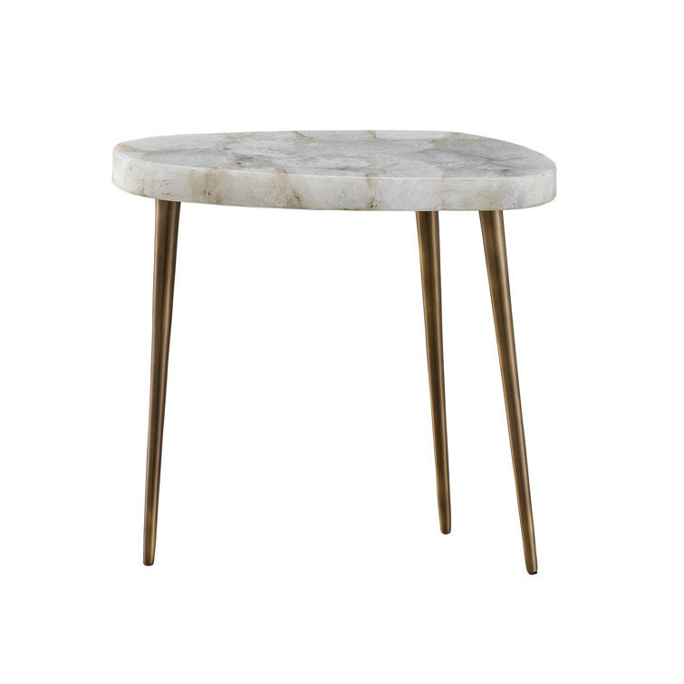 Fino White Marble Top Triangular End Table with Gold Legs