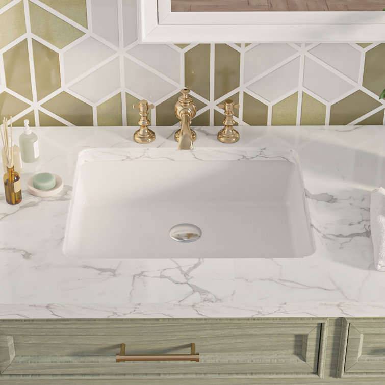 White Ceramic Rectangular Undermount Bathroom Sink with Overflow