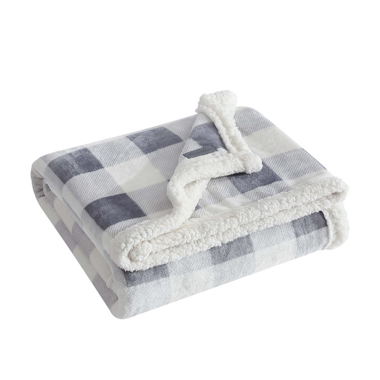 Mountain Plaid Grey Reversible Sherpa Fleece Throw Blanket