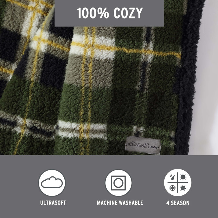 Trailhead Plaid Green Sherpa Fleece Reversible Throw Blanket