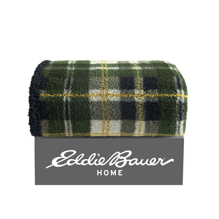 Trailhead Plaid Green Sherpa Fleece Reversible Throw Blanket