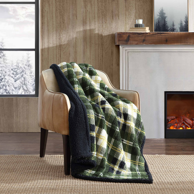 Trailhead Plaid Green Sherpa Fleece Reversible Throw Blanket