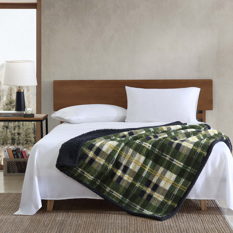 Trailhead Plaid Green Sherpa Fleece Reversible Throw Blanket
