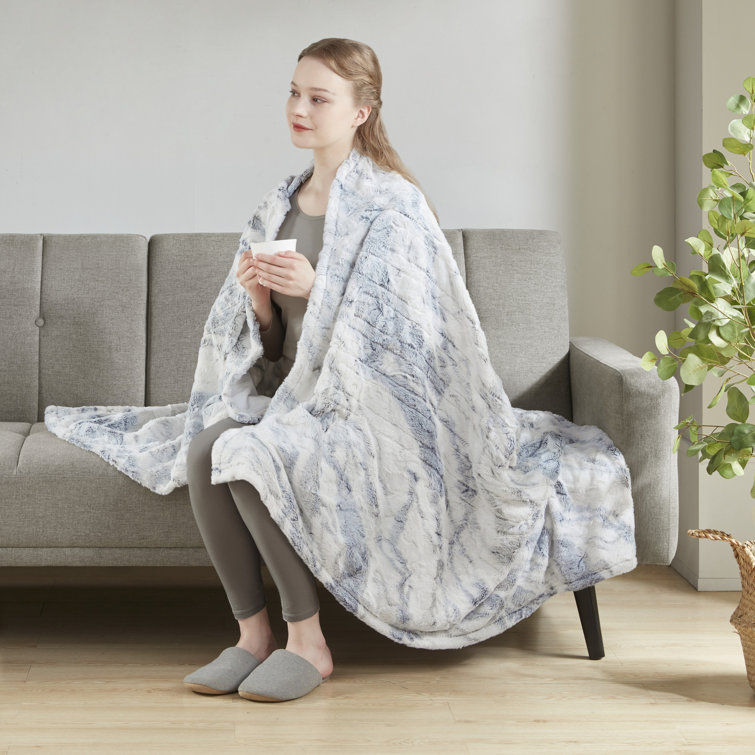 Luxurious Gray/Blue Oversized Faux Fur Heated Throw Blanket