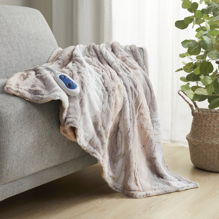 Luxurious Oversized Blush & Gray Faux Fur Heated Throw