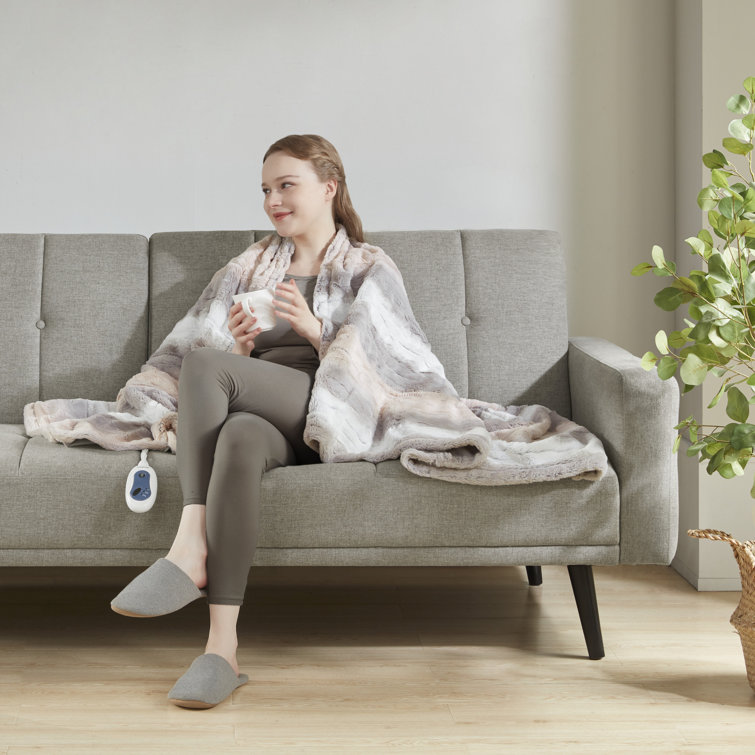 Luxurious Oversized Blush & Gray Faux Fur Heated Throw