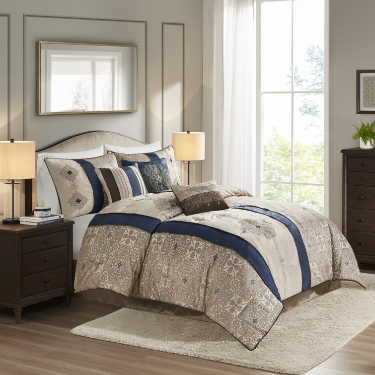 California King Navy Jacquard Comforter Set with Decorative Pillows