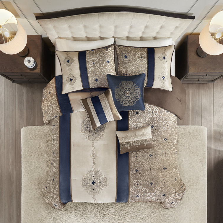 California King Navy Jacquard Comforter Set with Decorative Pillows