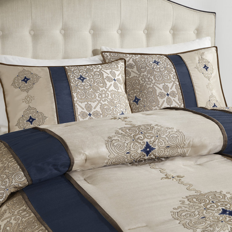 California King Navy Jacquard Comforter Set with Decorative Pillows