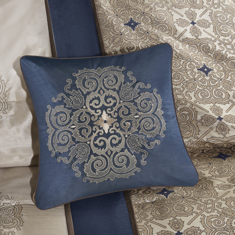 California King Navy Jacquard Comforter Set with Decorative Pillows