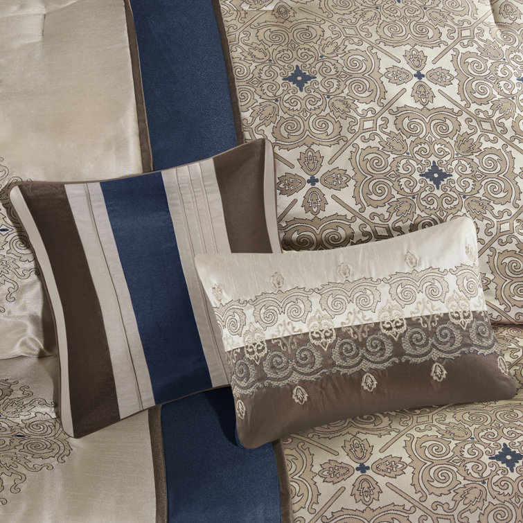 California King Navy Jacquard Comforter Set with Decorative Pillows