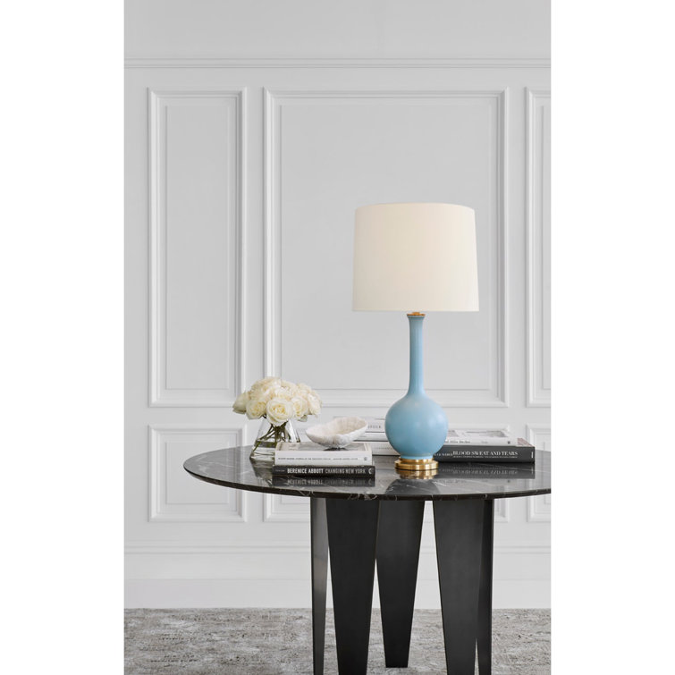 Matte Sky Blue Ceramic Bottle Table Lamp with Linen Shade