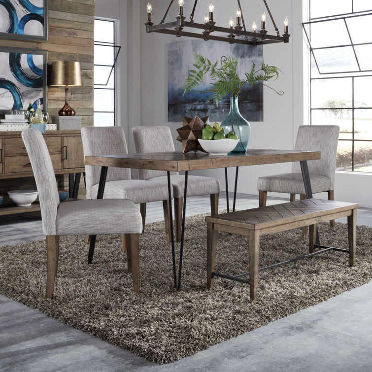 Rustic Caramel Pine Veneer Dining Table Set with 4 Cream Linen Chairs