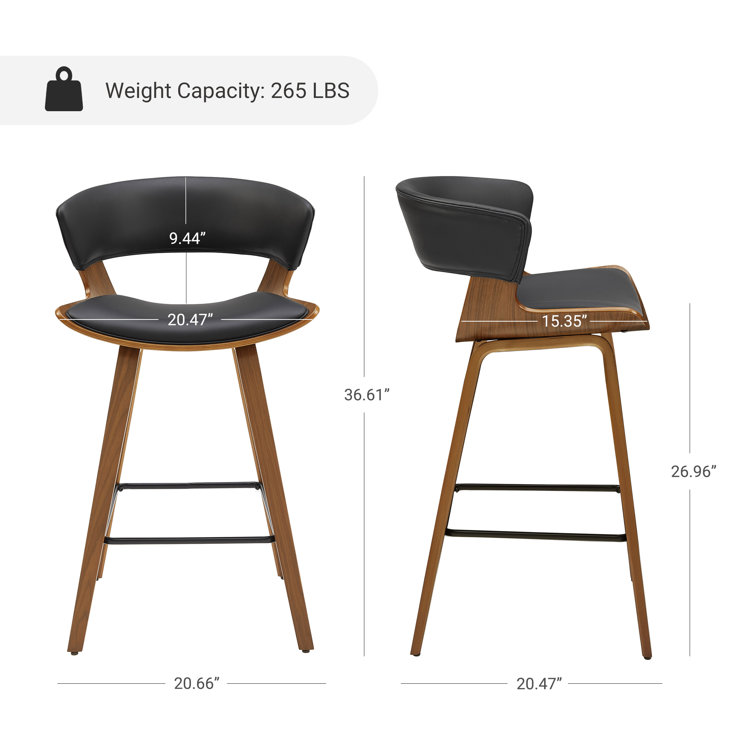 Mid-Century Modern Brown Wood and Black Faux Leather Counter Stools, Set of 2