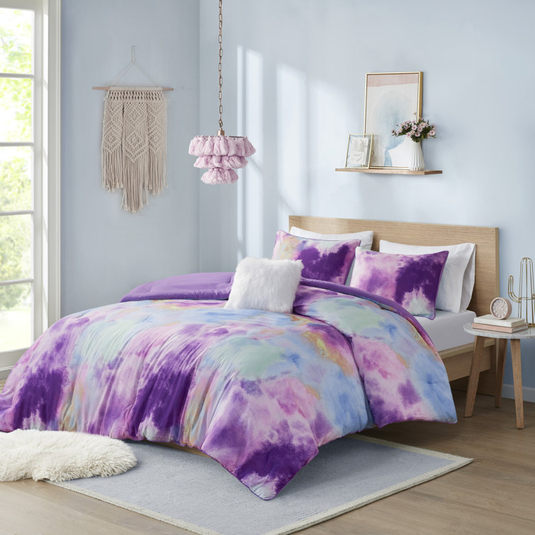 Lavender Full Microfiber Tie Dye Comforter Set with Decorative Pillow