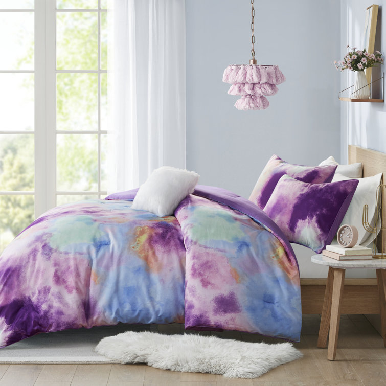 Lavender Full Microfiber Tie Dye Comforter Set with Decorative Pillow