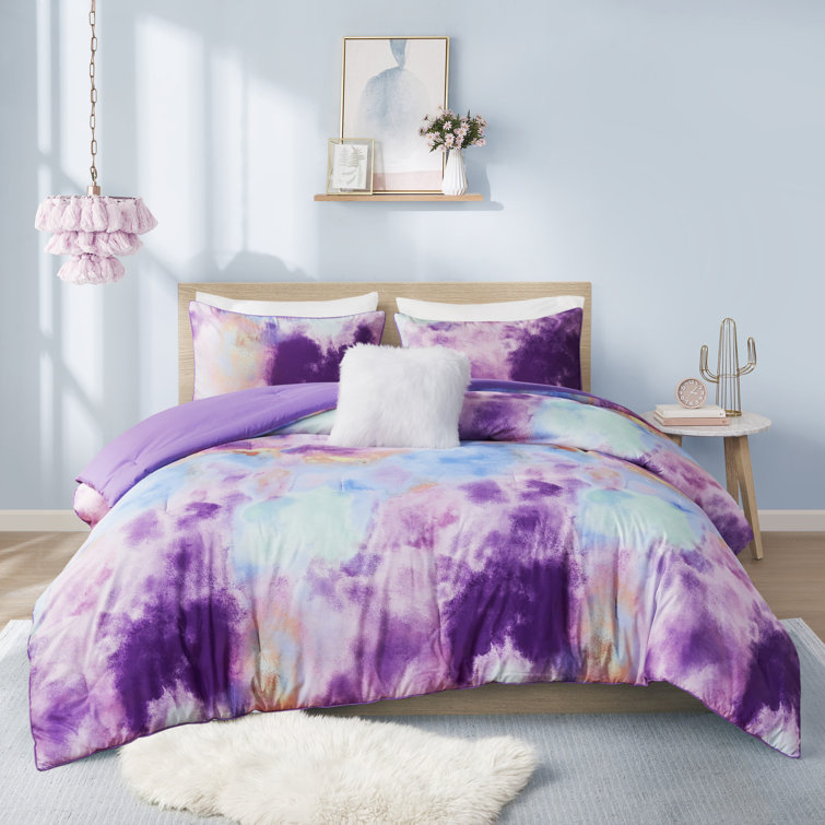 Lavender Full Microfiber Tie Dye Comforter Set with Decorative Pillow