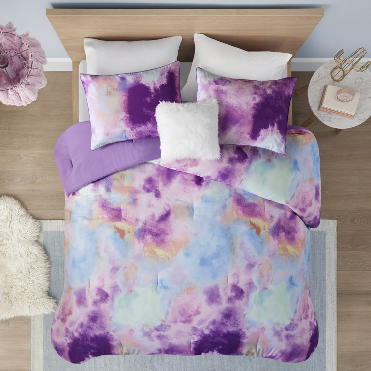 Lavender Full Microfiber Tie Dye Comforter Set with Decorative Pillow