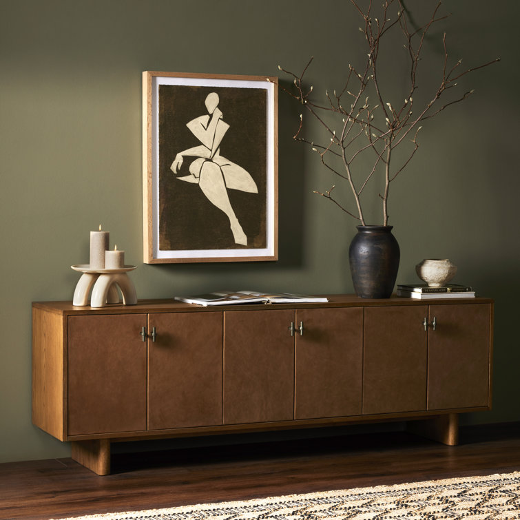 Amber Oak and Cognac Leather Media Console with Cabinet