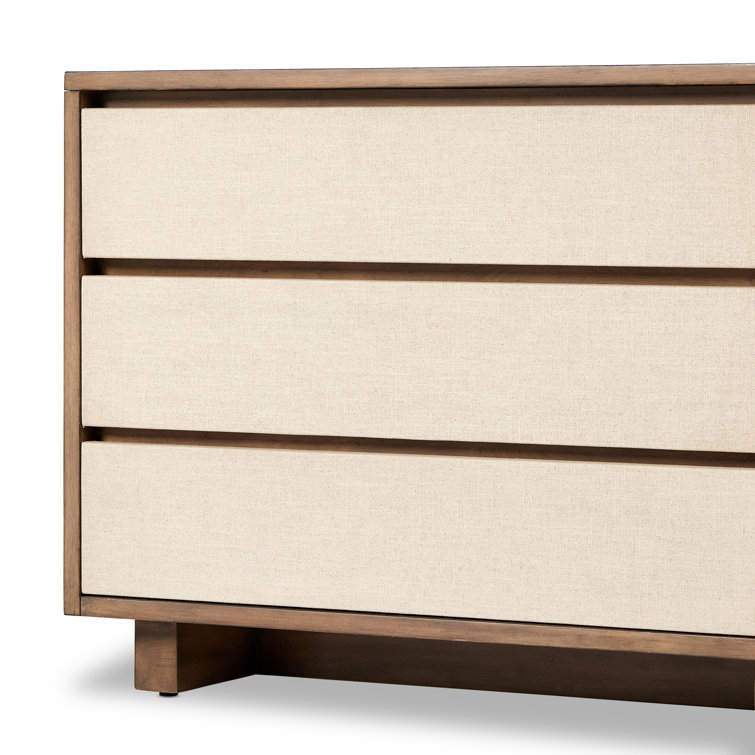 Beige Linen and Mahogany 3-Drawer Nightstand