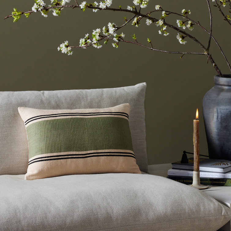 Handwoven Sage and Beige Cotton Lumbar Pillow