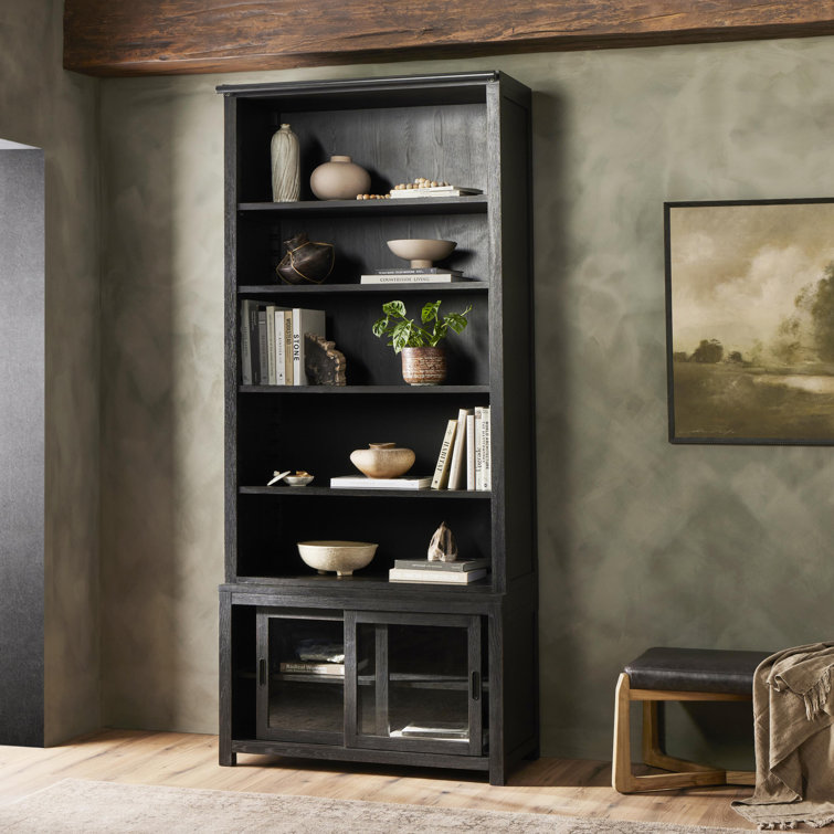 Adjustable Black Oak Ladder Bookcase with Glass Doors