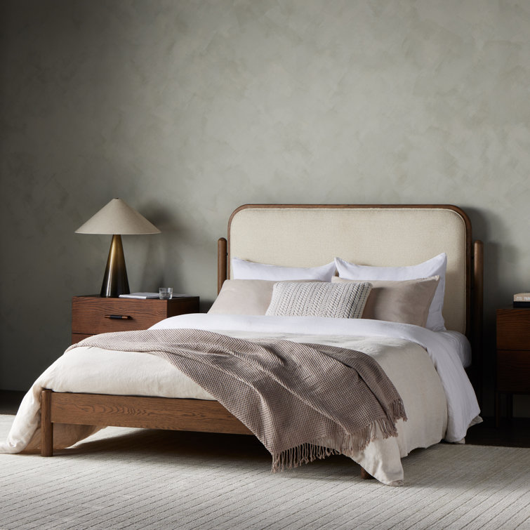 King Oak Upholstered Bed with Ivory Headboard and Drawer