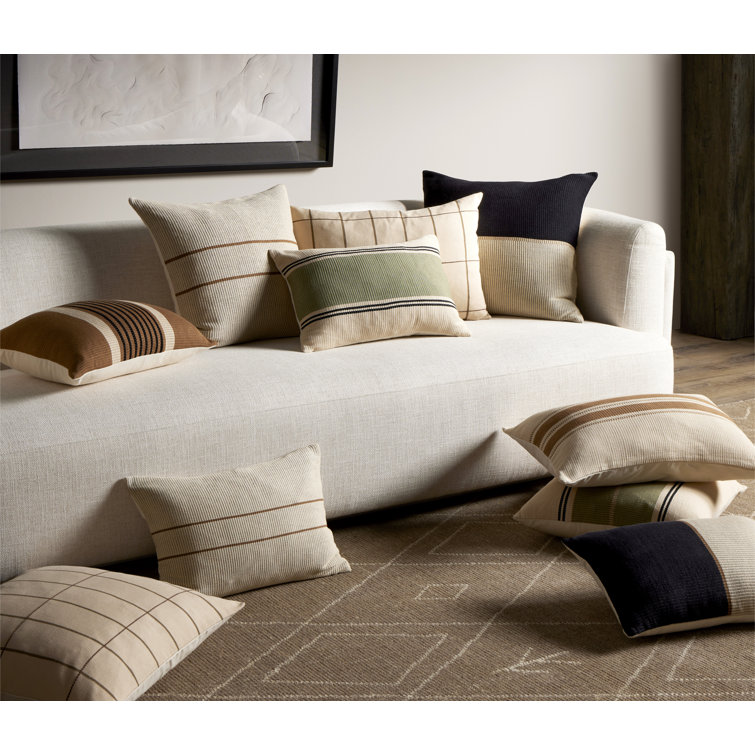 Handwoven Sage and Beige Cotton Lumbar Pillow
