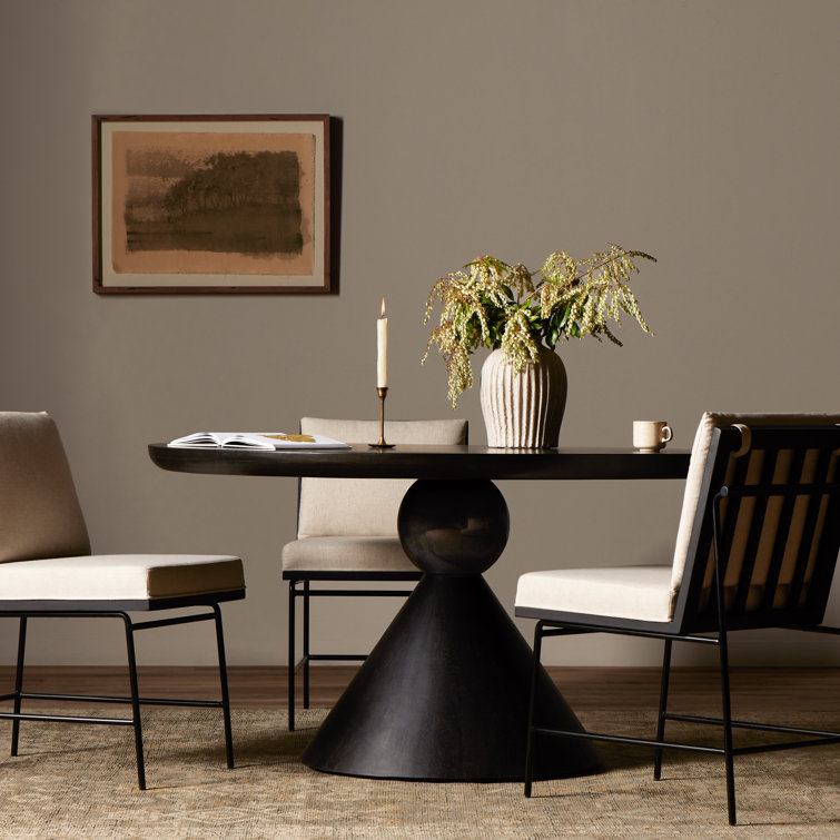 Worn Black Round Reclaimed Wood Dining Table with Sculptural Base