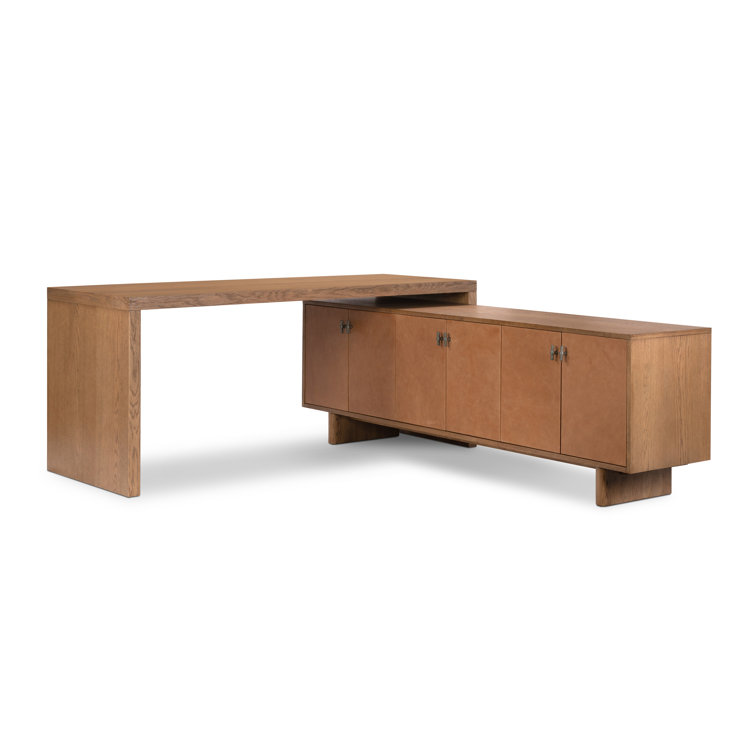 Amber Oak and Cognac Leather Media Console with Cabinet