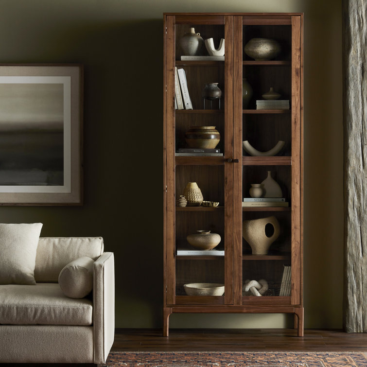 Cameron 88'' Brown Walnut Glass-Paneled Modern Curio Cabinet