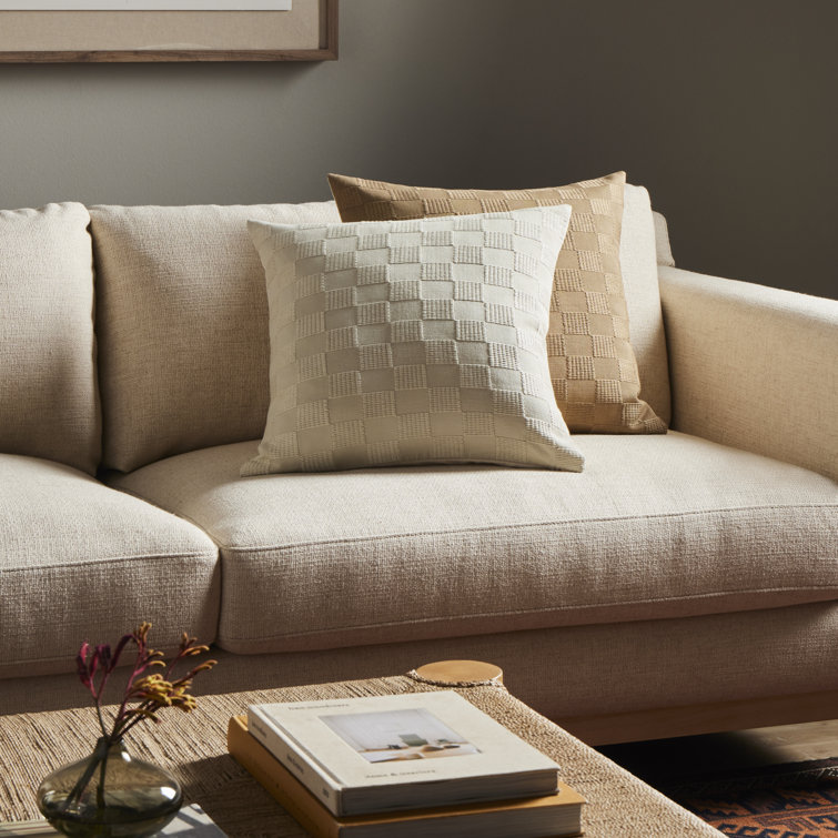Handwoven Ivory Cotton and Off-White Canvas Checked Pillow