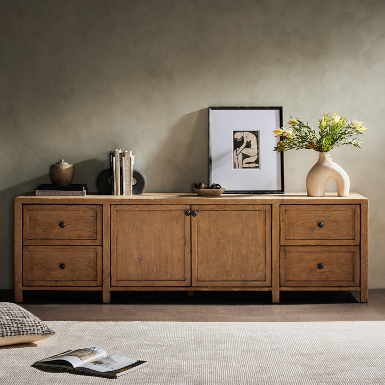 Light Brown Pine Media Console with Cabinet and Drawers