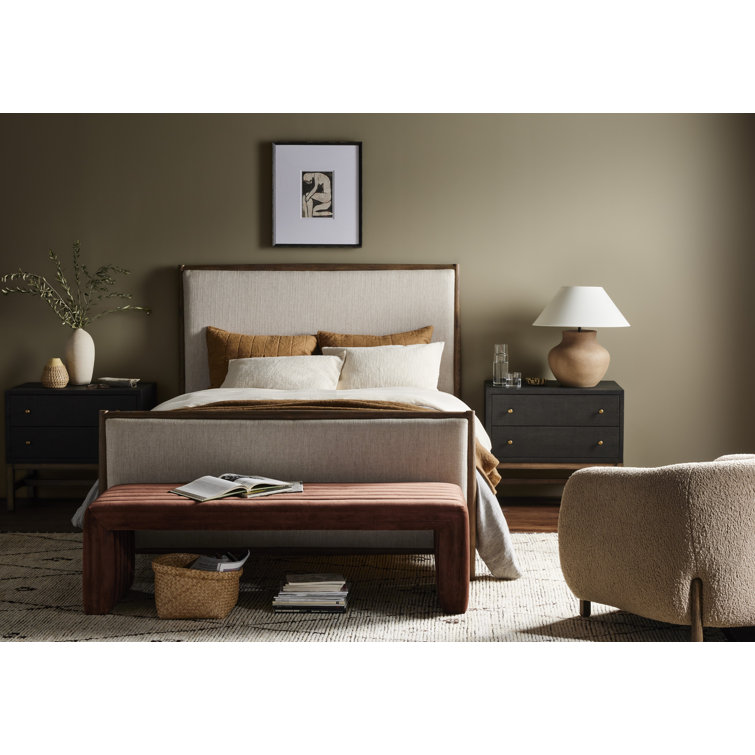King Weathered Oak Upholstered Linen Bed with Headboard