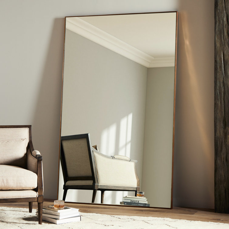 Georgina Polished Brass Rectangular Floor Mirror with Wood Frame