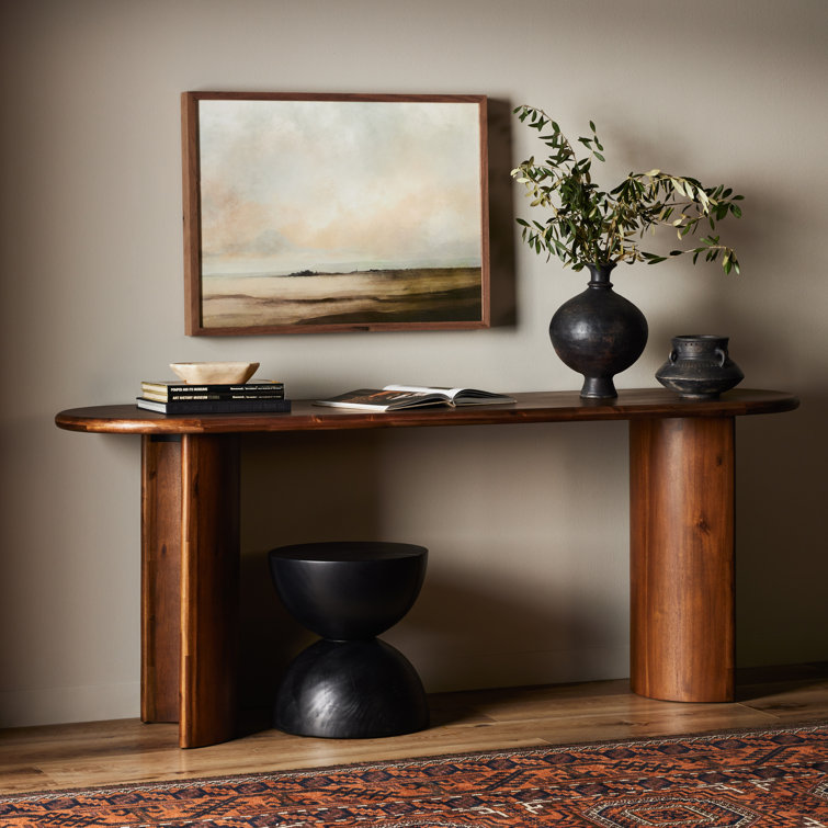 Seasoned Brown Acacia Demilune Console Table with Storage