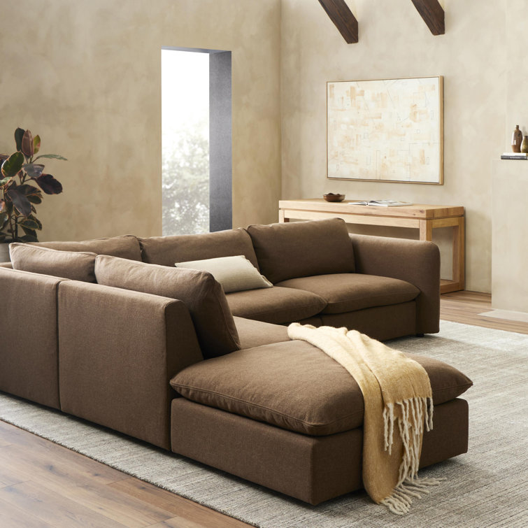 Brown Linen 4-Piece Sectional Sofa with Ottoman