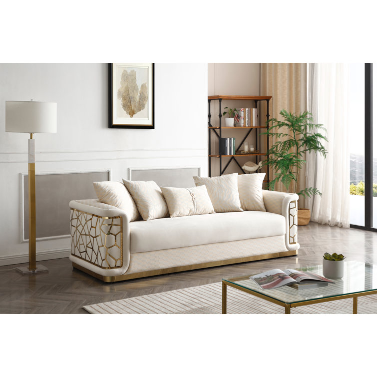 Ivory Velvet Art Deco Sofa with Gold Trim