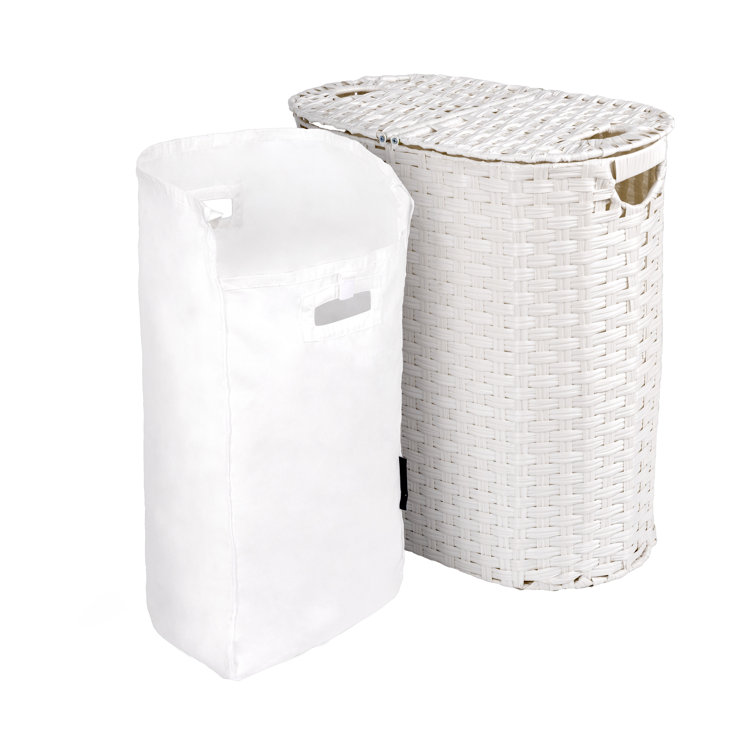 White Handwoven Oval Double Laundry Hamper with Lid