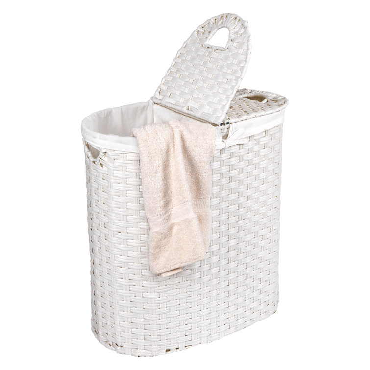 White Handwoven Oval Double Laundry Hamper with Lid
