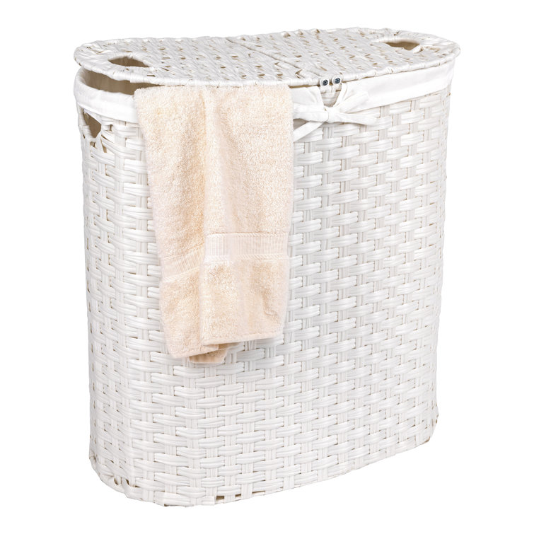 White Handwoven Oval Double Laundry Hamper with Lid